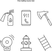 conjunto de ícones de segurança contra incêndio. contêm detector de fumaça plano cheio, mangueira de incêndio, escada de incêndio, alarme, vetor