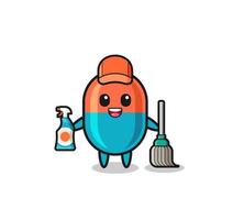 personagem de cápsula fofa como mascote de serviços de limpeza vetor