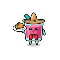 mascote chef mexicano de suco de morango segurando um taco vetor