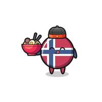 bandeira da noruega como mascote do chef chinês segurando uma tigela de macarrão vetor