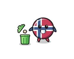 ilustração da bandeira da noruega jogando lixo na lata de lixo vetor