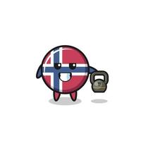 mascote da bandeira da noruega levantando kettlebell no ginásio vetor