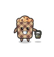 muffin mascote levantando kettlebell no ginásio vetor