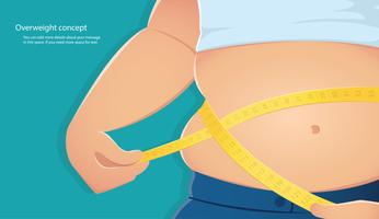 excesso de peso, pessoa gordo usar escala para medir sua cintura com fundo azul