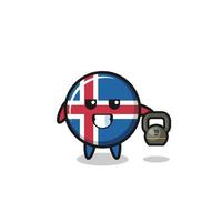 mascote da bandeira da islândia levantando kettlebell no ginásio vetor