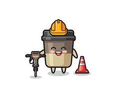 mascote de trabalhador de estrada de xícara de café segurando a máquina de perfuração vetor