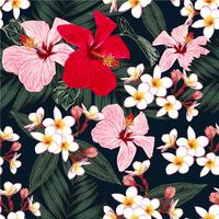 As folhas de palmeira florais sem emenda do verde do teste padrão, o hibiscus vermelho e cor-de-rosa da cor pastel, Frangipani branco florescem no fundo preto isolado Estilo tirado mão da garatuja da aquarela da ilustração do vetor. vetor