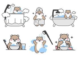 conjunto de hamsters desenhados bonitos. kawaii hamster lava e escova os dentes, lava-se na banheira debaixo do chuveiro. coleção de adesivos de animais de personagem engraçado de mascotes de avatares. ilustração vetorial de estoque. vetor