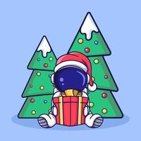 personagem de astronauta fofo sentado com caixa de presente e árvore de natal. estilo de desenho animado plano vetor