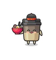 xícara de café como mascote chef chinês segurando uma tigela de macarrão vetor
