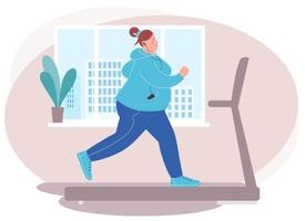 jovem mulher com excesso de peso está correndo na esteira. treinamento cardio para perda de peso. conceito de esportes em casa para perda de peso. vetor