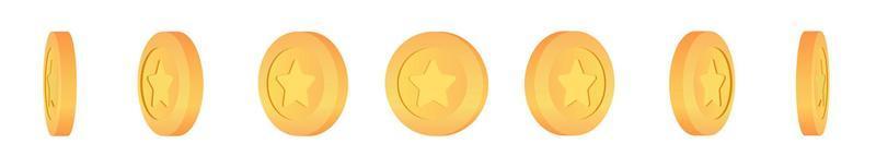 moeda 3d de ouro gira em torno de um conjunto de posições diferentes. moedas com a imagem da estrela. conjunto de moedas de ouro com símbolo de estrela. vetor