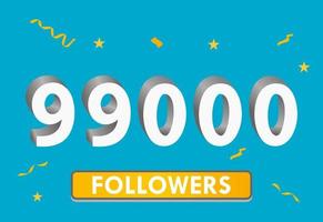 ilustração 3d números para mídias sociais 99k curtidas obrigado, comemorando os fãs de assinantes. banner com 99.000 seguidores vetor
