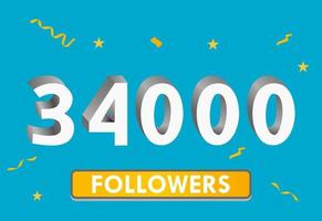 ilustração 3d números para mídias sociais 34k curtidas obrigado, comemorando os fãs de assinantes. banner com 34.000 seguidores vetor