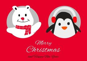 urso polar e pinguim estão no buraco do círculo com felicidade com design de cartão de convite de natal vetor