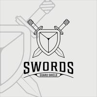 espada e escudo logotipo linha arte simples ilustração vetorial minimalista modelo ícone design gráfico. espadas sinal ou símbolo para empresa com fundos