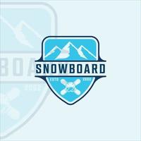 snowboard e montanha logotipo ilustração vetorial modelo ícone design gráfico. paisagem para símbolo de esporte de inverno ou sinal com distintivo vetor