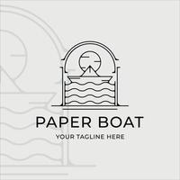 barco de papel logotipo linha arte ilustração vetorial modelo ícone design gráfico. sinal de oceano ou símbolo com onda e crachá de sol simples minimalista vetor