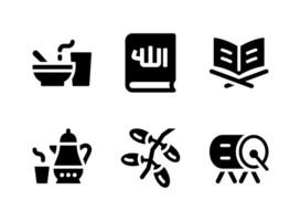 conjunto simples de ícones sólidos vetoriais relacionados ao Ramadã. contém ícones como comida iftar, alcorão, bule e muito mais. vetor