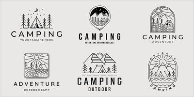 conjunto de campismo logotipo linha arte simples ilustração vetorial minimalista modelo ícone design gráfico. coleção de pacotes de vários acampamentos na natureza com estilo de crachá e tipografia vetor