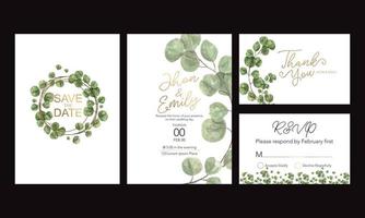 cartão de convite de casamento, convite floral obrigado, rsvp design moderno de cartão, folha de eucalipto verde vegetação eucalipto. vetor