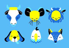 Animal Faces Head Set Vector Ilustração Plana