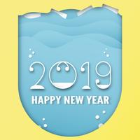 Decoração do ano novo feliz 2019 no fundo azul. Vector a ilustração com projeto da caligrafia do número no ofício cortado e digital do papel.