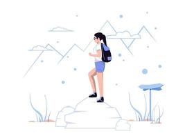 férias e aventuras. mulher de pé na rocha. conceito de personagem isolado em estilo simples. ilustração vetorial. vetor