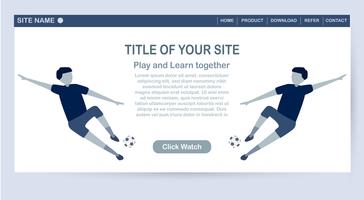 Design de modelo de site isolado no fundo branco, com espaço de cópia em tom azul. Ilustração vetorial para UX / interface do usuário com caráter de jogadores de futebol. vetor