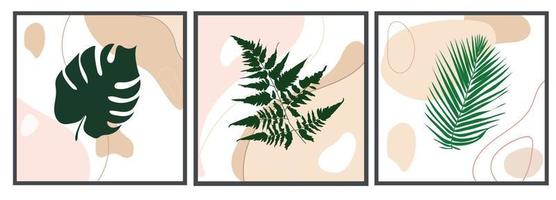 conjunto de vetor de arte de parede botânica diferentes silhuetas desenhadas de folhas tropicais em abstrato design abstrato de plantas para impressão, capa, papel de parede, imagens de parede minimalista e natural