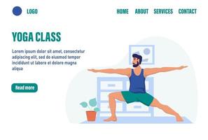 modelo de vetor de página de destino de aula de ioga. um homem pratica esportes em casa. ilustração vetorial plana