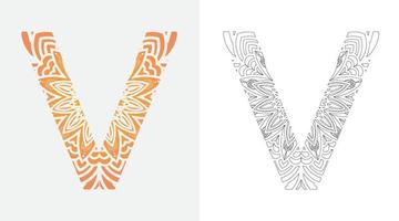 letra do alfabeto v pop art, design de ornamentos para colorir mandala vetor