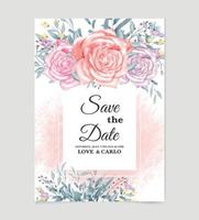 cartão de convite de casamento de rosas em aquarela e belo design de fundo vetorial floral vetor
