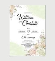 cartão de convite de casamento floral e lindas rosas em aquarela vetor
