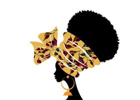 retrato linda mulher africana em flores de casamento de motivo tribal artesanal de turbante tradicional, envoltório de cabeça kente africano com brincos étnicos, cabelo encaracolado afro de mulheres negras, silhueta vetorial isolada vetor