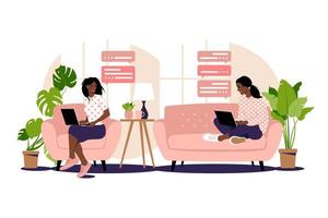 ilustração de trabalho freelance. meninas africanas trabalham no computador em casa no sofá. freelance ou estudando conceito. as meninas têm muito trabalho. ilustração em vetor de estudante estudando em casa.