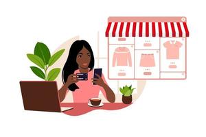 uma mulher africana está fazendo compras online usando um laptop. pagar compras com cartão de crédito pela internet. o conceito de pagamentos online e compras eletrônicas, compras. ilustração vetorial. plano. vetor