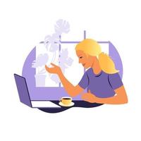 uma mulher trabalha e se comunica em um laptop, sentada à mesa em casa com uma xícara de café e papéis. ilustração vetorial. plano.