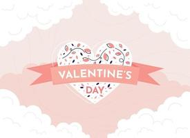 feliz dia dos namorados banner de fita rosa com coração branco e flores. cartaz romântico e de amor, cartão e cartão postal. ilustração vetorial em design plano vetor