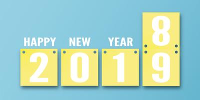 Decoração do ano novo feliz 2019 no fundo azul. Vector a ilustração com projeto do calendário 3D no ofício cortado e digital do papel. O conceito mostra que houve mudança do ano.