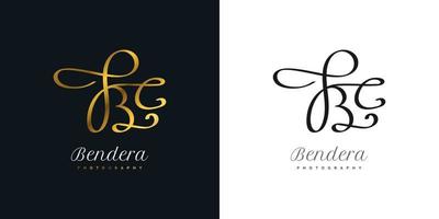 elegante design de logotipo inicial b e e com estilo de caligrafia em gradiente de ouro. ser logotipo ou símbolo de assinatura para casamento, moda, joias, boutique e identidade comercial vetor