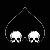 dois crânios escondidos no coração de cabeça para baixo desenho de mão em preto e branco vetor premium