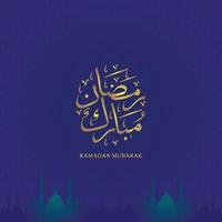 Ramadan Mubarak com bela caligrafia árabe, mesquitas e padrões de fundo e gradações azuis coloridas. vetor