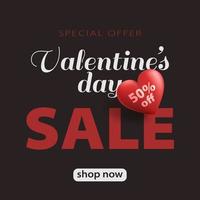 oferta especial banner de venda de dia dos namorados com coração 3d vermelho e decoração de texto de desconto de publicidade. ilustração vetorial. vetor