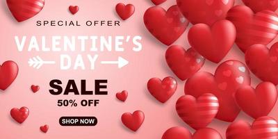 oferta especial banner de venda de dia dos namorados com corações 3d vermelhos e decoração de texto com desconto de publicidade. ilustração vetorial. vetor