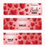 conjunto de banner de venda de dia dos namorados com corações 3d vermelhos e decoração de texto de desconto de publicidade. ilustração vetorial vetor
