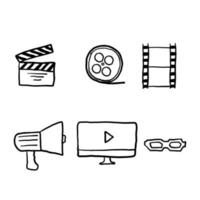 ícones de linha de cinema desenhados à mão definir ilustração vetorial. contém ícones como filme, filme, tv, vídeo e muito mais. vetor de rabiscos