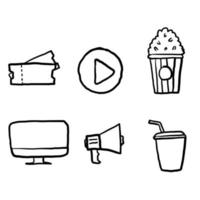 ícones de linha de cinema desenhados à mão definir ilustração vetorial. contém ícones como filme, filme, tv, vídeo e muito mais. vetor de rabiscos