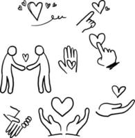símbolo de ícone de ilustração de doodle desenhado à mão para cuidado, ícone generoso e simpatizante definido em vetor de estilo de linha fina