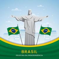 ilustração do dia da independência do brasil com bandeira artística e estátua de cristo e cidade vetor